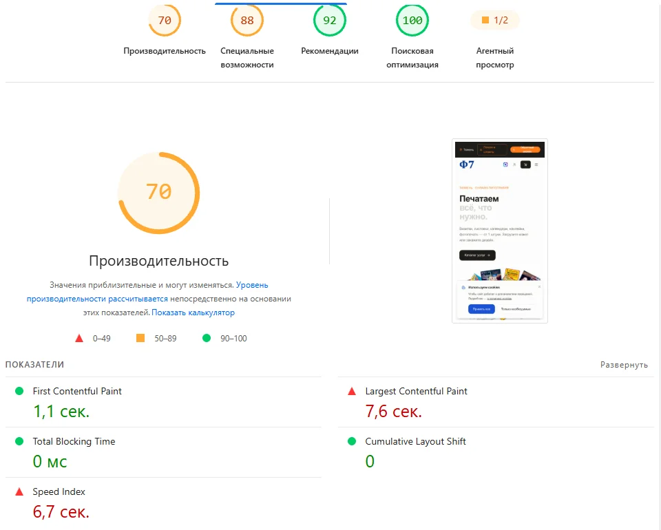 PageSpeed Insights for Формат7 before the fixes, mobile: performance 70, Largest Contentful Paint 7.6 s