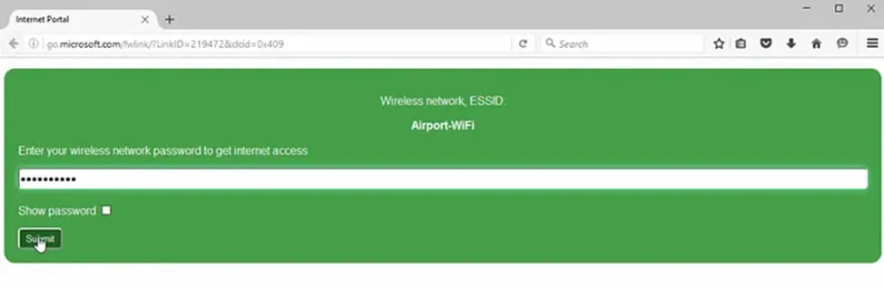 Phishing captive portal shown to the test client