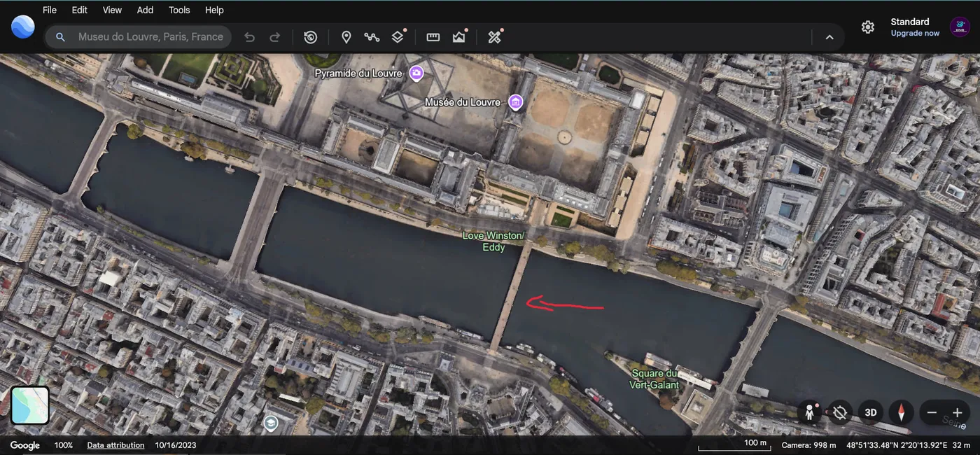 Google Earth, entrance location on the Seine