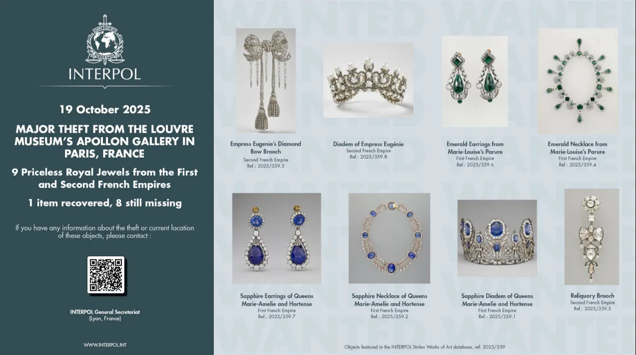 INTERPOL public notice, Louvre Apollon Gallery theft